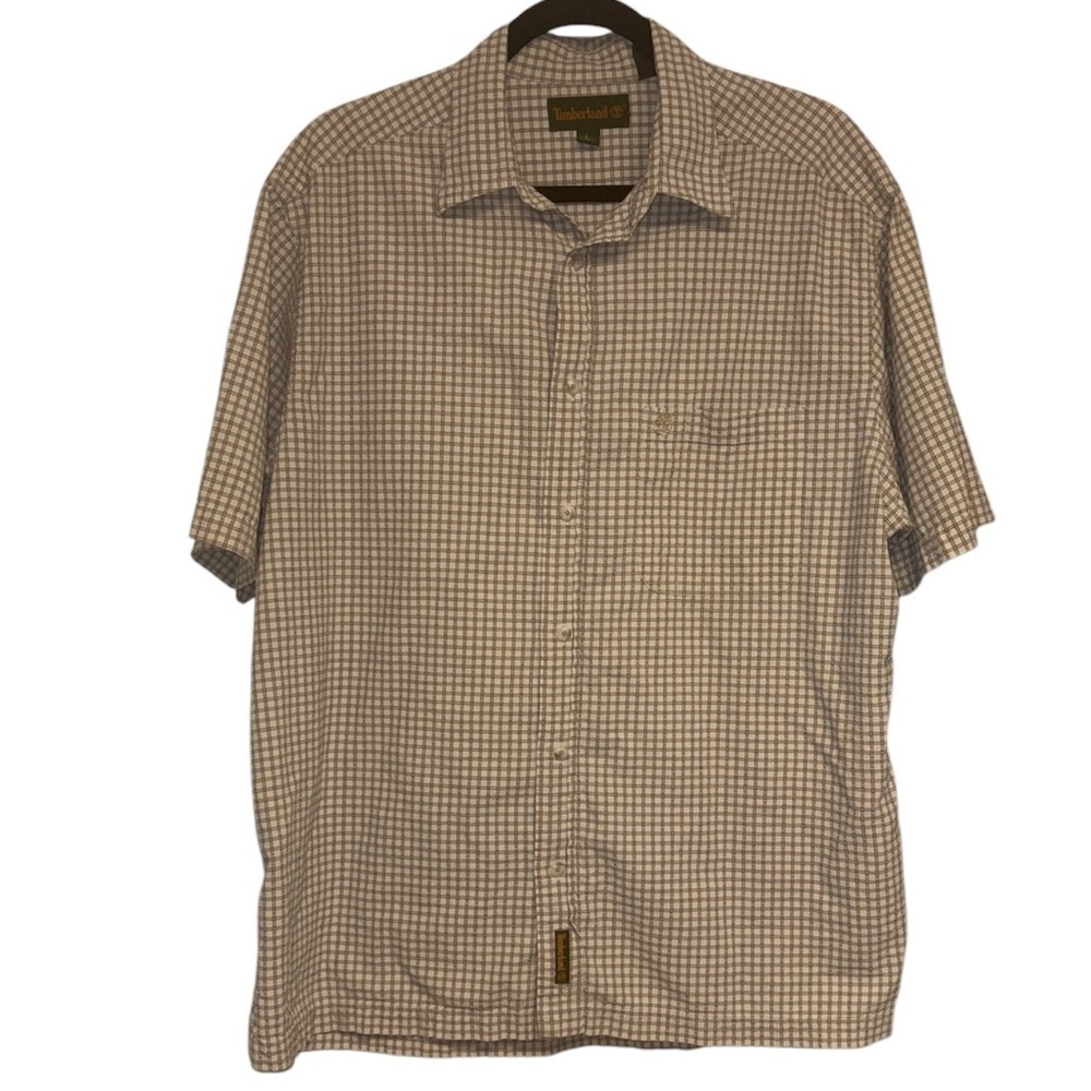 Timberland button down shirt short sleeves collared square/lines print Sz large